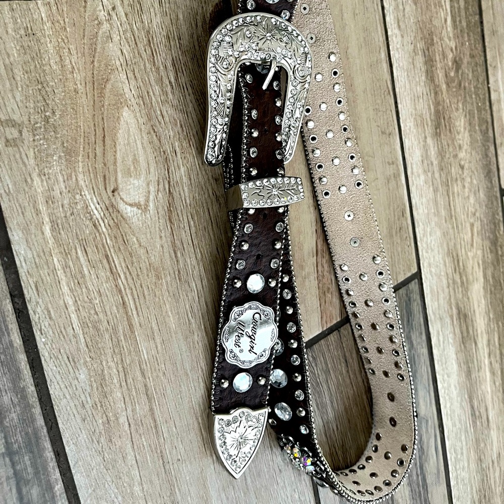 CW Cowgirl West Western Belt Blinged Rhinestones Studded Beaded Leather Large